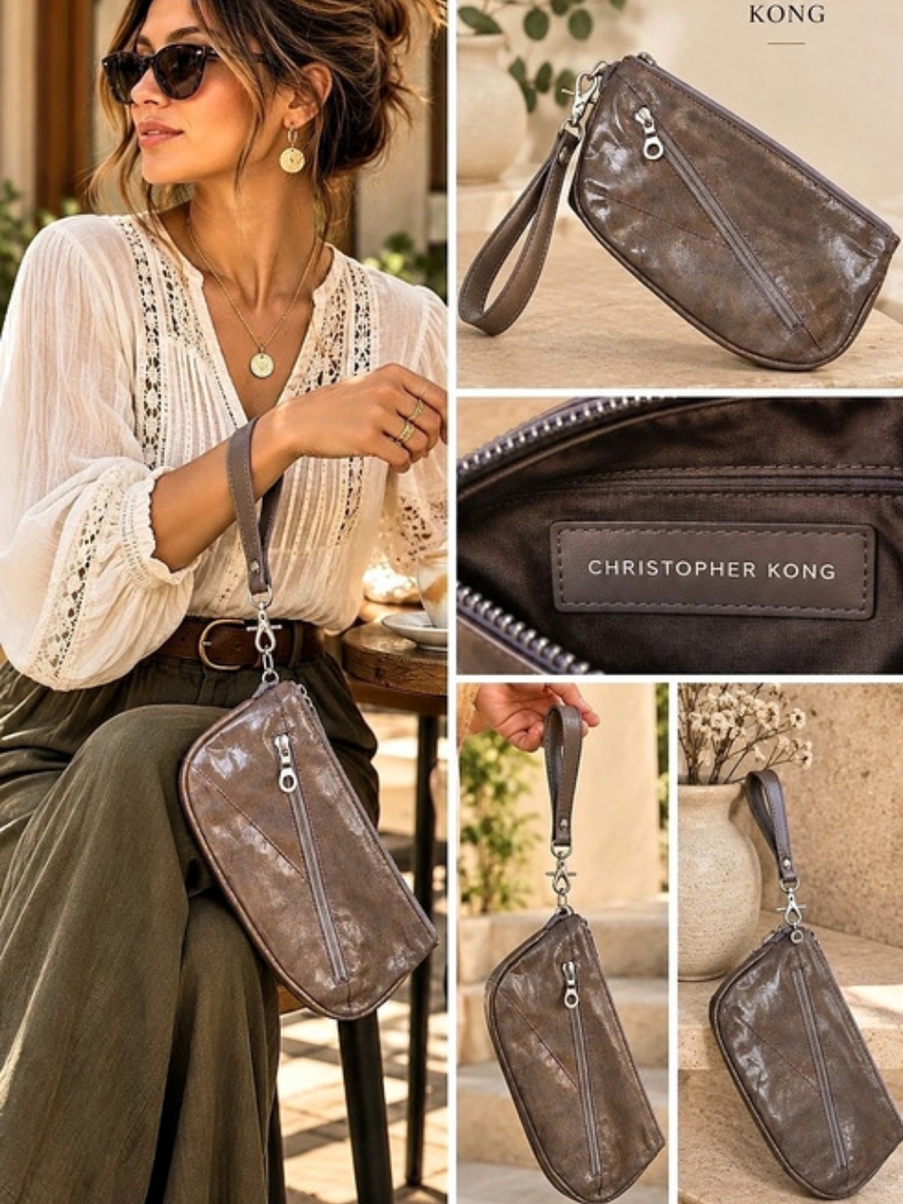 Christopher Kon Brown Leather-Look Wristlet Clutch